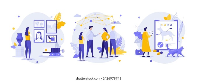 Science niches flat concept vector illustrations set. Art gallery, social interaction and veterinary cartoon composition. Studying different processes creative idea for website, presentation