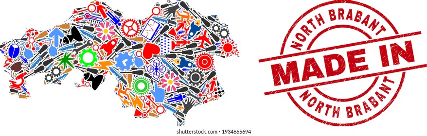 Mosaico del mapa de la Provincia de Brabante Norte y sello de sellado de sellado en peligro. Collage de mapas de la Provincia de Brabante del Norte diseñado con pulseras, cogs, herramientas, objetos, autos, chispas eléctricas, cascos.