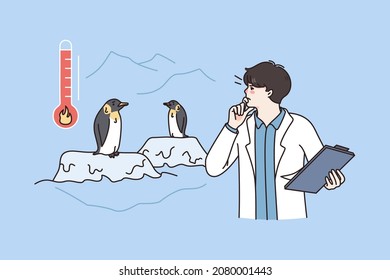 Science And North Habitat Concept. Young Man Scientist Standing And Making Research Of Penguins Life In North During Global Warming Vector Illustration 