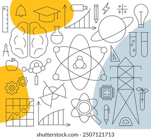 Science Nuclear Physics Line Concept. Vector Illustration of Education Outline Banner. Linear Laboratory Subject Sign.