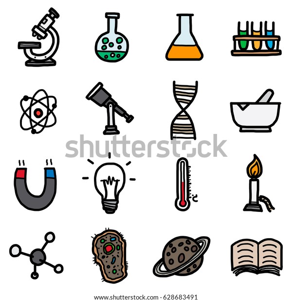 science objects,\
icons set / cartoon vector and illustration, hand drawn style,\
isolated on white\
background.