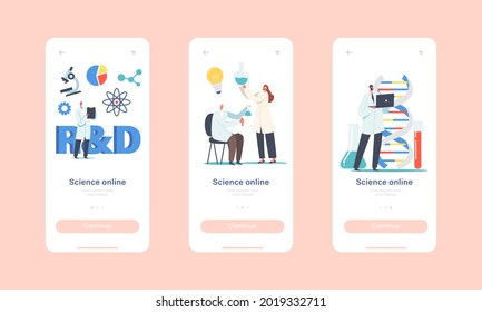 Science Online Mobile App Page Onboard Screen Template. Medicine Scientists Characters Working with Dna Structure. Laboratory Research and Development Concept. Cartoon People Vector Illustration