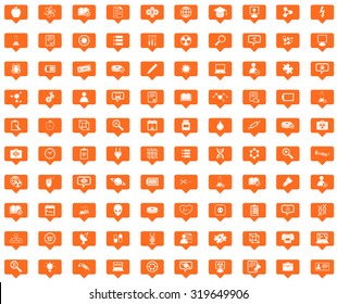 Science orange message icons set, images in filled chat bubbles on white background
