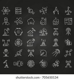 Science and orbit communication thin line icons on chalkboard. Rocket and satellite, antenna and router, vector illustration