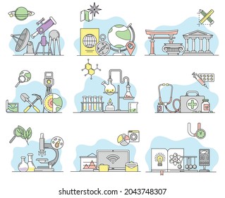 Science and Organizing Knowledge with Chemistry and Biology Study Vector Line Set