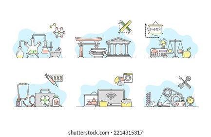 Conjunto de líneas de vectores de estudio de la ciencia y la organización del conocimiento con la química y la biología