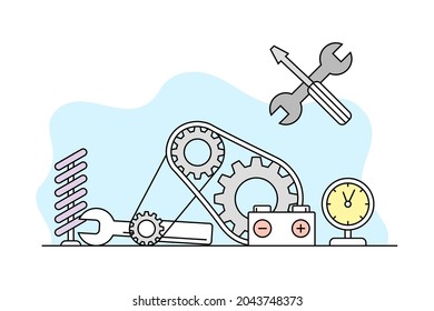 Science and Organizing Knowledge with Mechanical Part for Study Vector Line Illustration