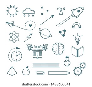 Science outline icons set. Physics, chemistry, astronomy and meteorology monochrome symbols pack. Spaceship, light bulb, rain cloud, space satellite and atom thin line vector illustrations
