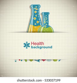 Science paper background with experiment and medication symbols realistic vector illustration