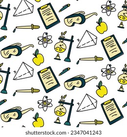 Science pattern in doodle style with color. The texture of science in color. Apple, glasses, notes, pen, experiment, flask, pipette on a white background