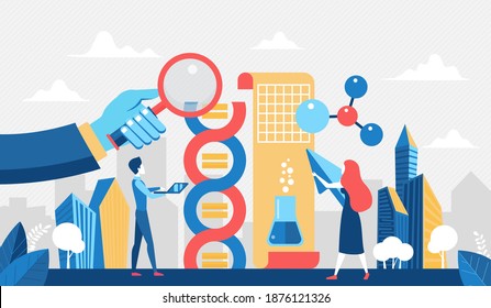 La investigación de la ciencia se basa en el concepto de ilustración vectorial. Personajes de los científicos de dibujos animados que trabajan en el laboratorio en experimentos científicos de prueba, investigación de la química o de la tecnología bioquímica