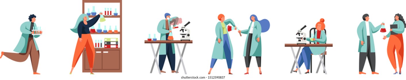 Science people, vector flat isolated illustration. Scientists or lab attendants working in science lab carrying out scientific experiment, doing medical research using laboratory equipment, glassware.