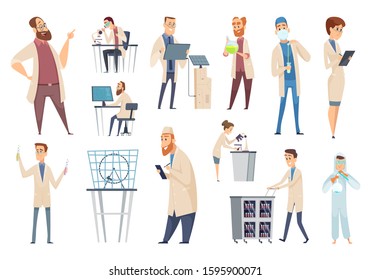 Science persons. Characters doctors lab technician workers biologists or pharmacists vector people