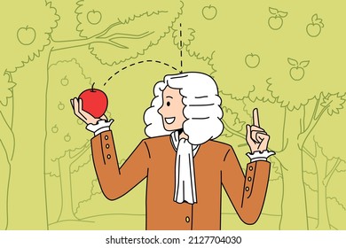 Science and physical experience concept. Sir Isaac Newton scientist standing and exploring gravity with red fallen apple in hands vector illustration 