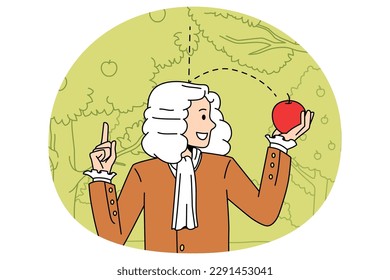 Science   physical experience concept  Sir Isaac Newton scientist standing   exploring gravity and red fallen apple in hands vector illustration