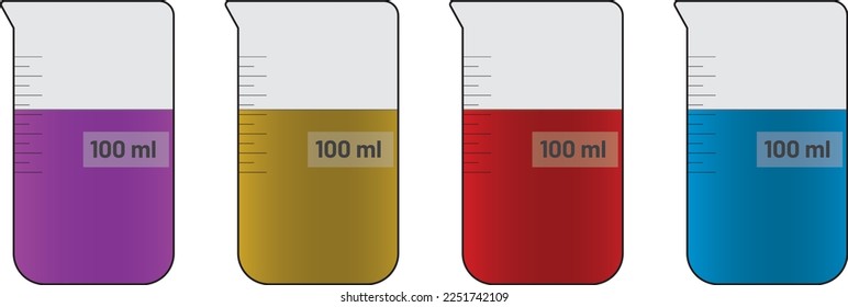 science, physics and chemistry beakers filled with liquids of different colors