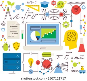 Science Physics Chemistry Flat Line. Vector Illustration of Solid Colorful and Outline Education Objects. Mechanics and Optics Sign.
 