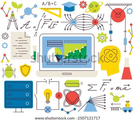 Science Physics Chemistry Flat Line. Vector Illustration of Solid Colorful and Outline Education Objects. Mechanics and Optics Sign. 