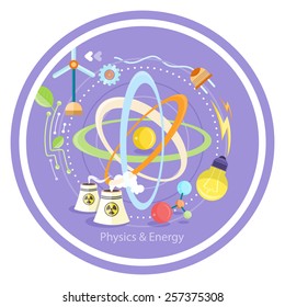 Science and physics energy icons set. Chemistry, physics, biology. Concept in flat design cartoon style on stylish background