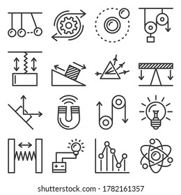 Science Physics Icons Set on White Background. Line Style Vector