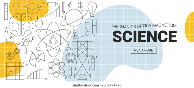 Science Physics Line Web Banner. Vector Illustration of Education Outline Concept. Linear Laboratory Subject Sign.