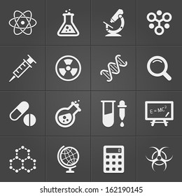 Science and physics related icons on black. Vector illustration