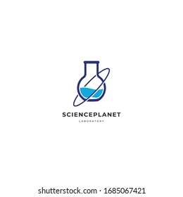 Science planet, laboraory flask with orbit symbol vector illustration logo icon sign.Isolated object on white background