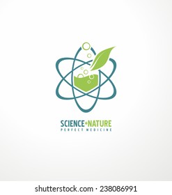 Science Plus Nature For Perfect Medicine. Creative Logo Design Template. Unique Symbol Design With Leaf And Atom. Abstract Vector Health Care Icon.