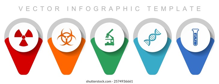 Science pointer collection, miscellaneous icons such as radiation, biohazard, microscope, dna and test tube, flat design vector infographic template in eps 10