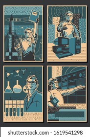 Science Popularization Old Poster Style, Scientists, Astronautics, Physics, Chemistry, Engineering