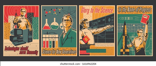 Science Popularizing Poster, Education Retro Placards Style, Scientific Discoveries, Chemistry, Physics, Astronautics, Engineering