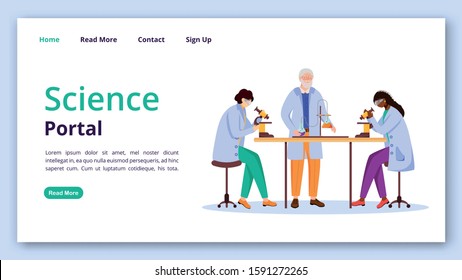 Science Portal Landing Page Vector Template. Practical Chemistry Info Website Interface Idea With Flat Illustrations. Modern Learning Technology Homepage Layout, Web Banner, Webpage Cartoon Concept