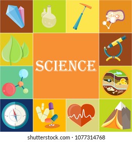 Science poster with chemical, geology and medicine appliances, natural minerals, high mountain, green leaves and Earth deposits vector illustrations