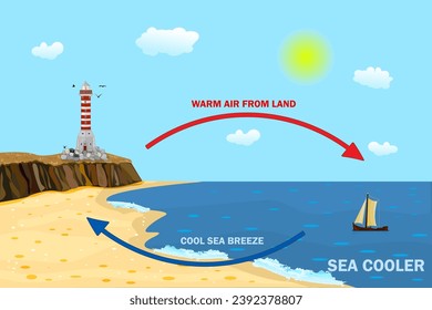 Science poster design for sea and land breeze. Shore wind scheme. Air movement with thermal warm and cold air circulation diagram. Local weather cause. Formation of weather in a certain area. Vector