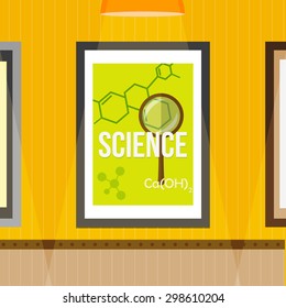 Science poster in frame hangs on wall with yellow striped wallpaper. 