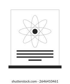 Cartaz de ciência em suporte de madeira com modelo atômico 2D objeto linha. Exibição de pesquisa de STEM. Físico núcleo do átomo papel educacional isolado clipart vetor tinta contorno item. Ilustração de ponto monocromático
