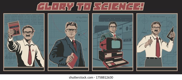 Science Poster Set, Scientist, Physicist, Programmer, Retro Propaganda Placard Style, Old Computer, Calculator, Formulas, Drawings