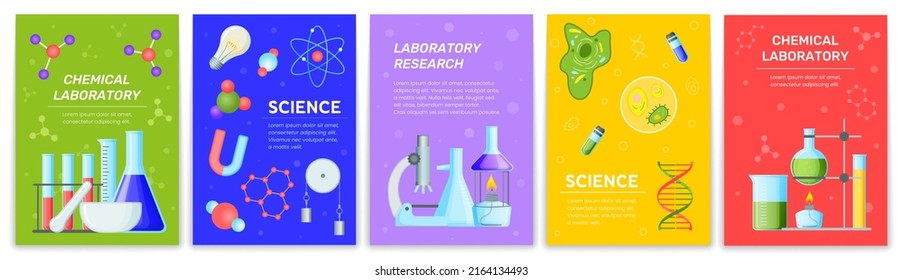 Afiches científicos. Tarjetas de laboratorio químicas. Volante médico con tubos de ensayo y moléculas. ADN y bacterias. Experimentos en farmacia y biología. Investigación sobre innovación. Juego de banderas de vectores