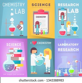 Science Posters Set. Laboratory Research Template of Flyer, Magazines, Book Cover, Banners. Chemistry Concept. Cartoon People Scientists Working at Lab. Vector Illustration.
