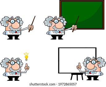 Science Professor Cartoon Character Poses. Vector Collection Set Isolated On White Background