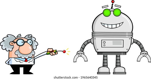 Science Professor Cartoon Character Using Remote Control To Enable Big Robot. Vector Hand Drawn Illustration Isolated On Transparent Background