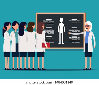 Science professor explaining anatomy on class blackboard. Vector illustration Intern students concept, Scientist team, Academic, Happy flat scientific cartoon design.
