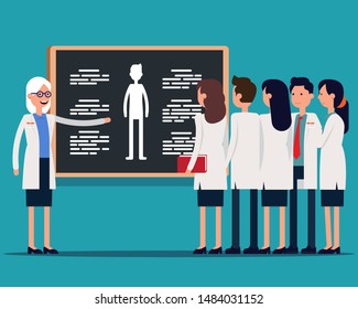 Science professor explaining anatomy on class blackboard. Vector illustration Intern students concept, Scientist team, Academic, Happy flat scientific cartoon design.