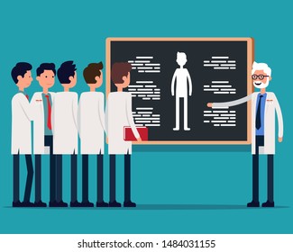 Science professor explaining anatomy on class blackboard. Vector illustration Intern students concept, Scientist team, Academic, Happy flat scientific cartoon design.