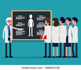 Science professor explaining anatomy on class blackboard. Vector illustration Intern students concept, Scientist team, Academic, Happy flat scientific cartoon design.