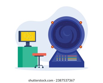 Science professors create a machine a black hole, a time portal to the future, a teleport to a parallel universe. Character design. Vector flat illustration