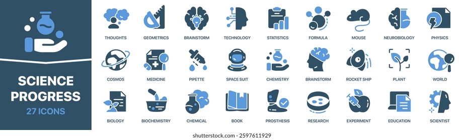 Science progress colored signed icon collection. Technology, chemistry, biology, book, education icons. UI icon set. Colored icons pack. Vector illustration