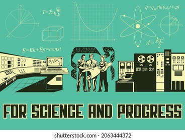 Für Science and Progress Retro Scientific Propaganda Posters Style Illustration, Retro Computer, Programmierer und Ingenieure