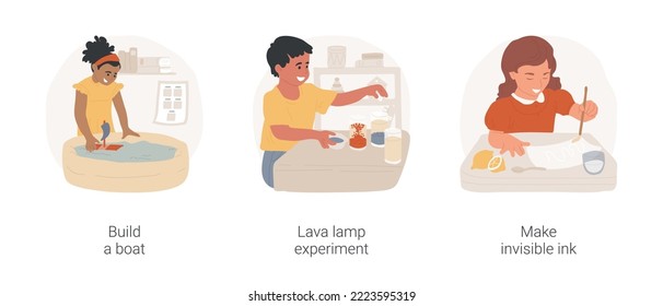 Science project and STEM activity isolated cartoon vector illustration set. Build toy boat, lava lamp experiment, make invisible ink, early education STEM project, science for kids vector cartoon.