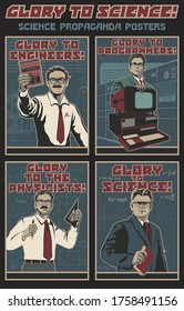 Science Propaganda Posters, Retro Placards Stylization, American and Soviet Scientists: Physicist, Engineer, Programmer, Formulas, Drawings, Punched Tape, Computer, Calculator, Divider, Pencils